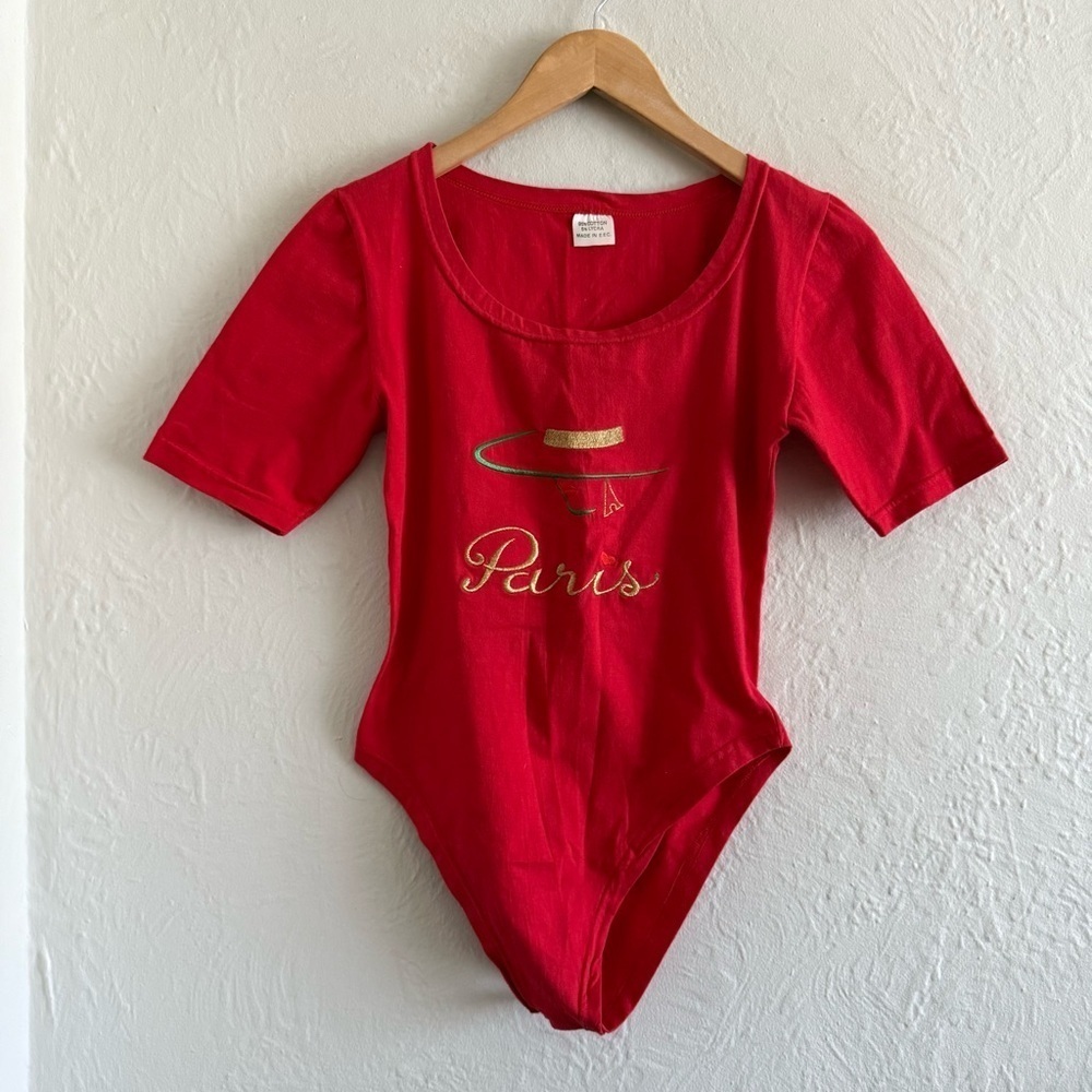 Vintage 90s Red Bodysuit Paris Gold Embroidery Size S/M